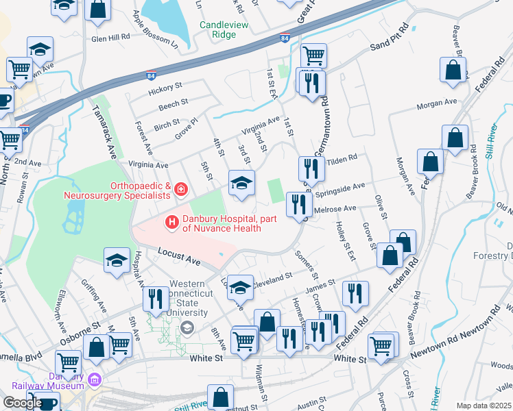 map of restaurants, bars, coffee shops, grocery stores, and more near 72 Hospital Avenue in Danbury