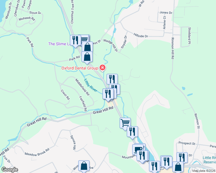 map of restaurants, bars, coffee shops, grocery stores, and more near 84 Wyant Road in Oxford