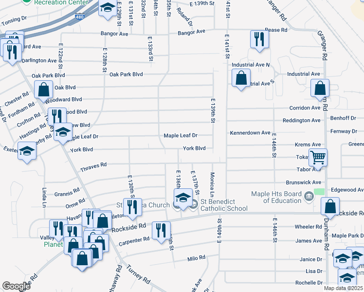 map of restaurants, bars, coffee shops, grocery stores, and more near 13617 York Boulevard in Garfield Heights