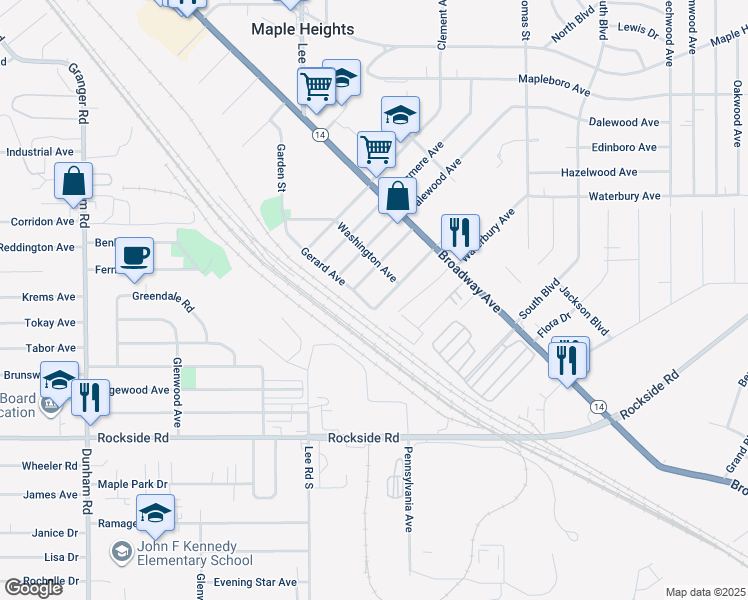 map of restaurants, bars, coffee shops, grocery stores, and more near 5750 Garfield Avenue in Maple Heights