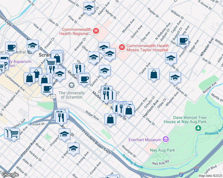 map of restaurants, bars, coffee shops, grocery stores, and more near 1101 Vine Street in Scranton