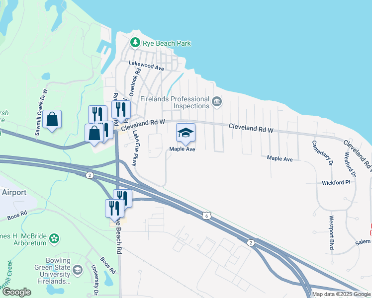 map of restaurants, bars, coffee shops, grocery stores, and more near 1810 Maple Avenue in Huron