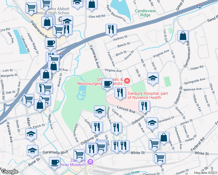 map of restaurants, bars, coffee shops, grocery stores, and more near 6 Dean Street in Danbury