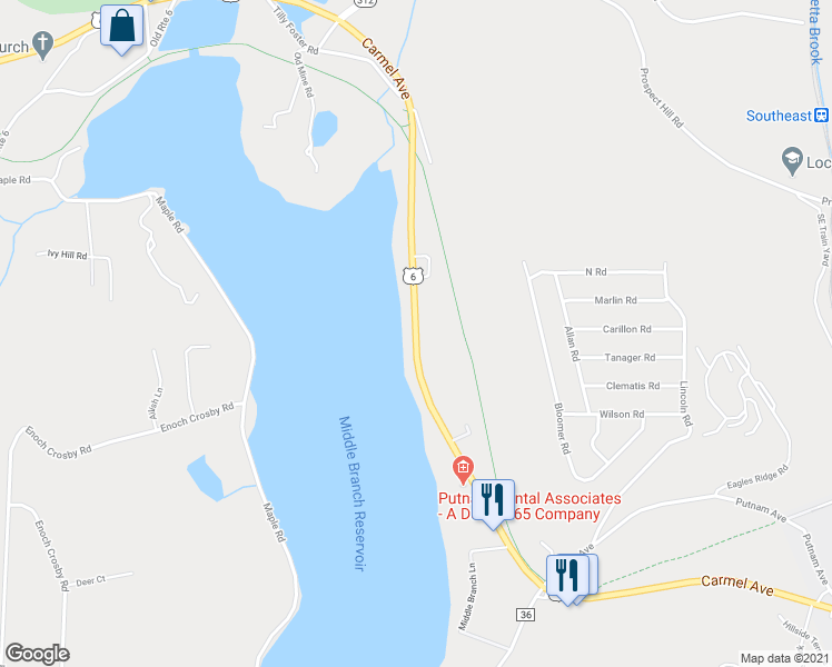map of restaurants, bars, coffee shops, grocery stores, and more near Carmel Avenue in Brewster