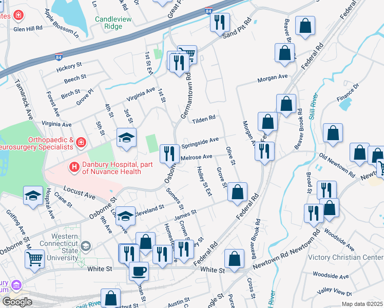 map of restaurants, bars, coffee shops, grocery stores, and more near 63 Holley Street Extension in Danbury