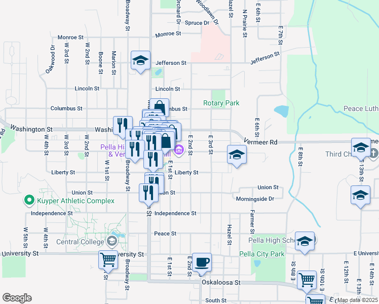 map of restaurants, bars, coffee shops, grocery stores, and more near 505 Franklin Street in Pella