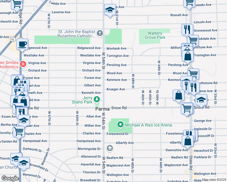 map of restaurants, bars, coffee shops, grocery stores, and more near 5205 Krueger Avenue in Parma