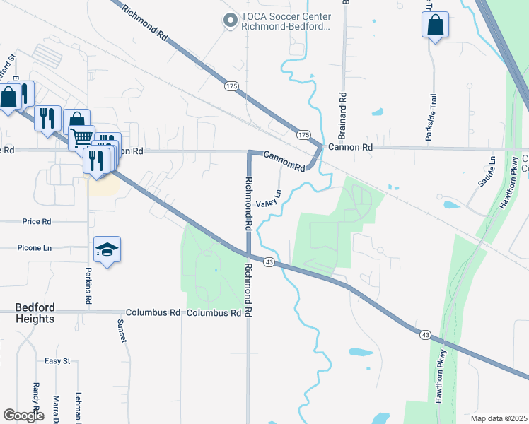 map of restaurants, bars, coffee shops, grocery stores, and more near 5605 Richmond Road in Solon