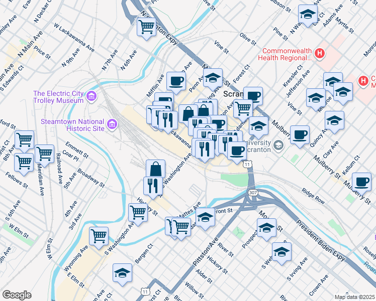 map of restaurants, bars, coffee shops, grocery stores, and more near 434 Lackawanna Avenue in Scranton