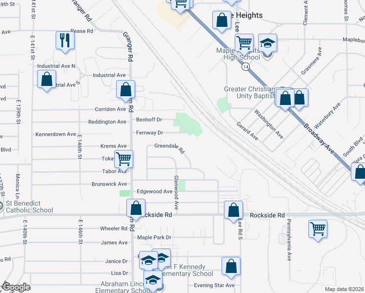 map of restaurants, bars, coffee shops, grocery stores, and more near 15605 Glenwood Avenue in Maple Heights