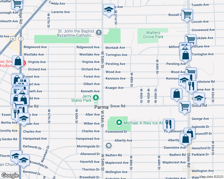 map of restaurants, bars, coffee shops, grocery stores, and more near 5205 Krueger Avenue in Parma