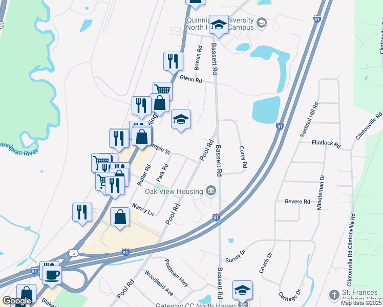 map of restaurants, bars, coffee shops, grocery stores, and more near 544 Pool Road in North Haven
