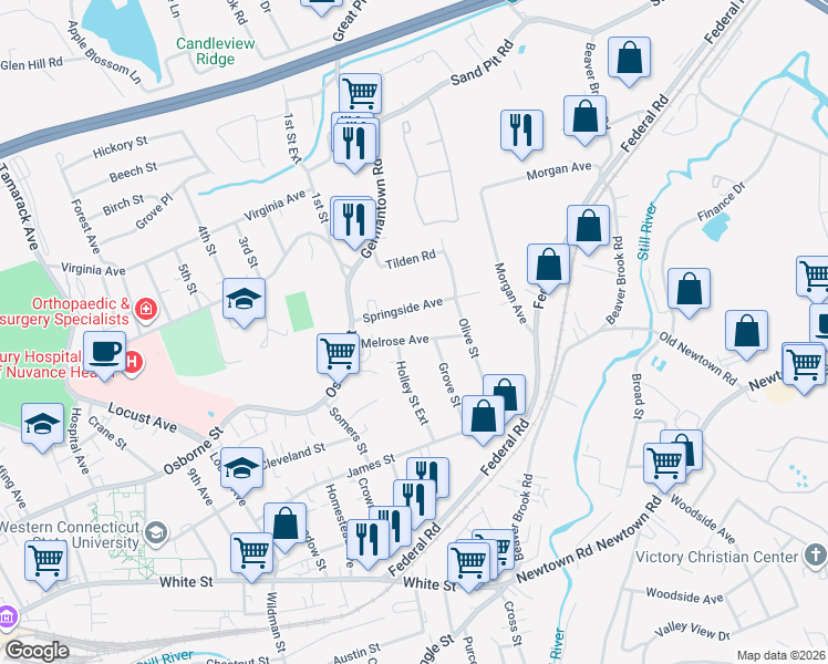map of restaurants, bars, coffee shops, grocery stores, and more near 26 Holley Street Extension in Danbury