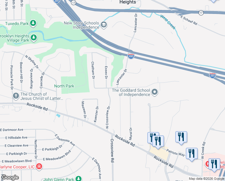 map of restaurants, bars, coffee shops, grocery stores, and more near 5763 North Crossview Drive in Seven Hills
