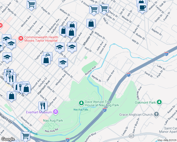 map of restaurants, bars, coffee shops, grocery stores, and more near 1940 Myrtle St in Scranton