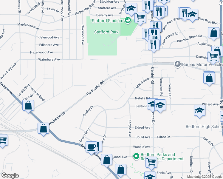 map of restaurants, bars, coffee shops, grocery stores, and more near 19455 Rockside Road in Bedford