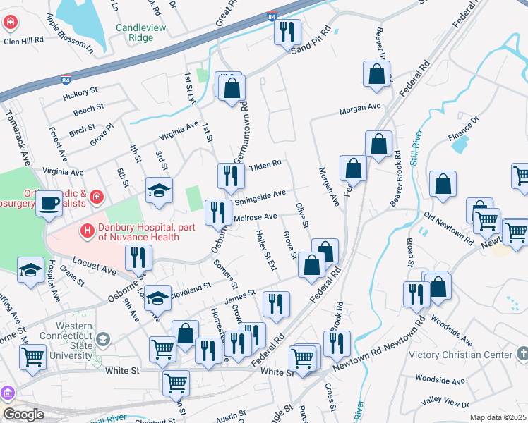 map of restaurants, bars, coffee shops, grocery stores, and more near 16 Melrose Avenue in Danbury