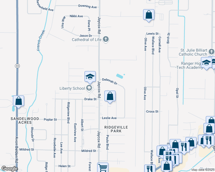 map of restaurants, bars, coffee shops, grocery stores, and more near 5709 Paula Boulevard in North Ridgeville