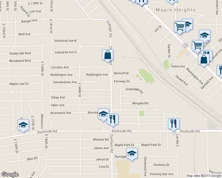 map of restaurants, bars, coffee shops, grocery stores, and more near Dunham Road in Maple Heights