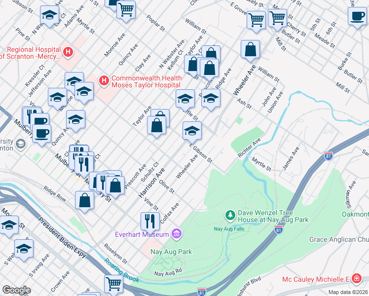map of restaurants, bars, coffee shops, grocery stores, and more near 1523 31 East Gibson Street in Scranton