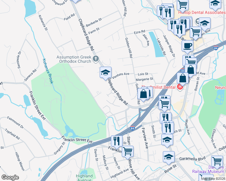 map of restaurants, bars, coffee shops, grocery stores, and more near 1 Ventura Avenue in Danbury