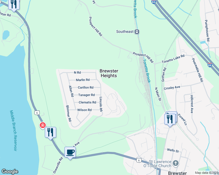 map of restaurants, bars, coffee shops, grocery stores, and more near 1305 Eagles Ridge Road in Brewster