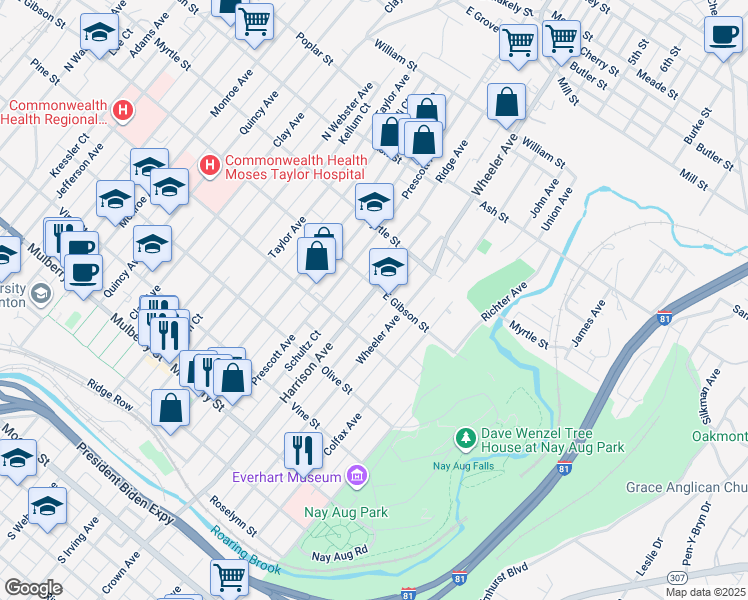 map of restaurants, bars, coffee shops, grocery stores, and more near 1523 31 East Gibson Street in Scranton