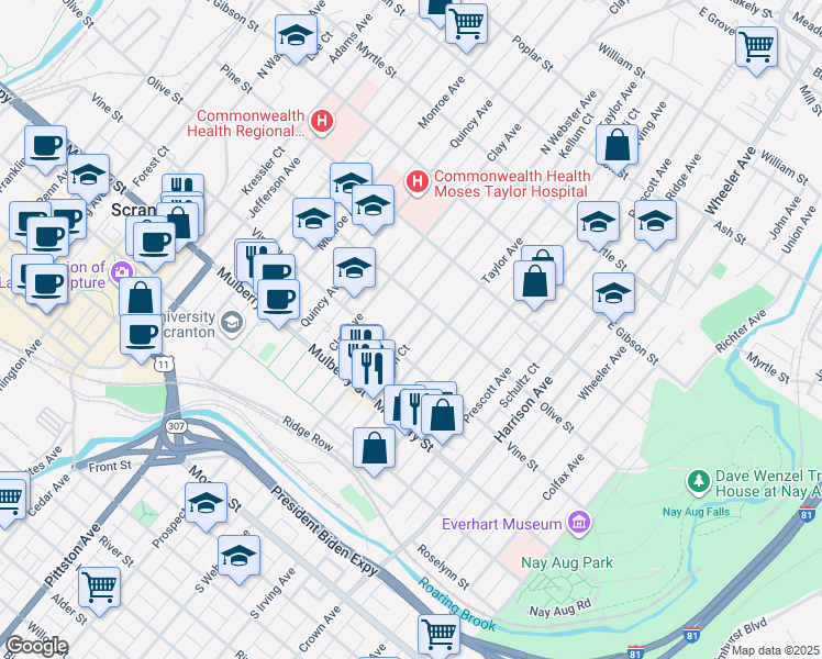 map of restaurants, bars, coffee shops, grocery stores, and more near 1140 Olive Street in Scranton