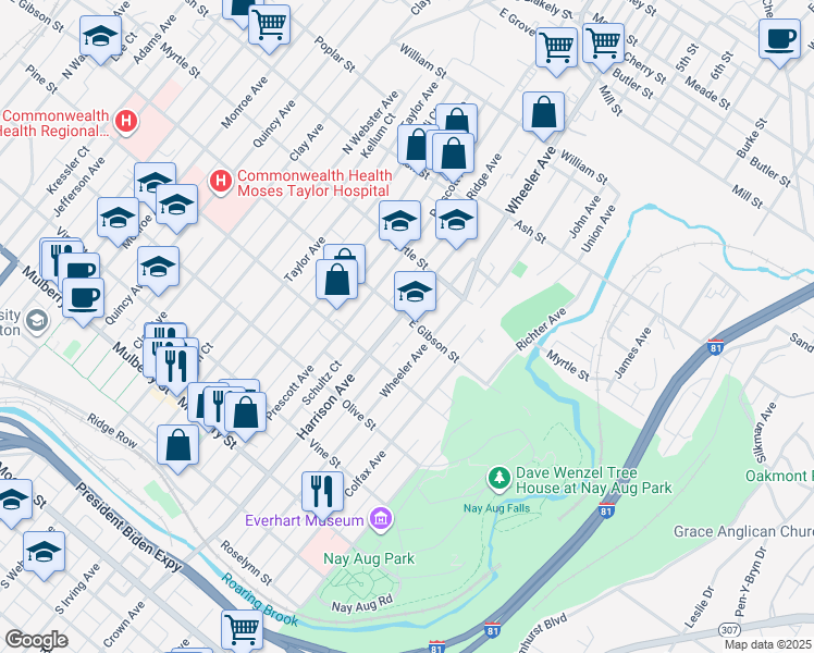 map of restaurants, bars, coffee shops, grocery stores, and more near 1608 East Gibson Street in Scranton