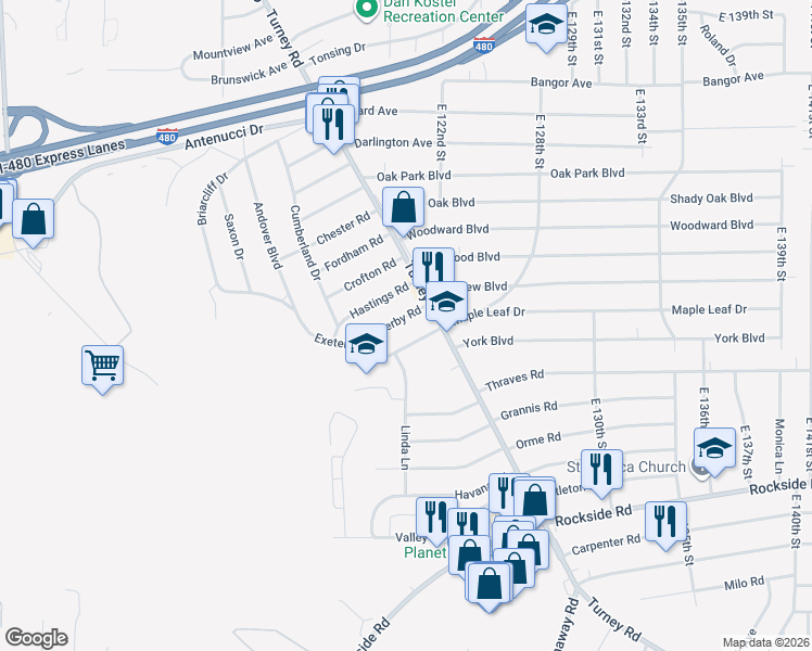 map of restaurants, bars, coffee shops, grocery stores, and more near 12027 Derby Avenue in Garfield Heights