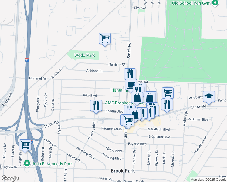 map of restaurants, bars, coffee shops, grocery stores, and more near 15424 Muskingum Boulevard in Brook Park