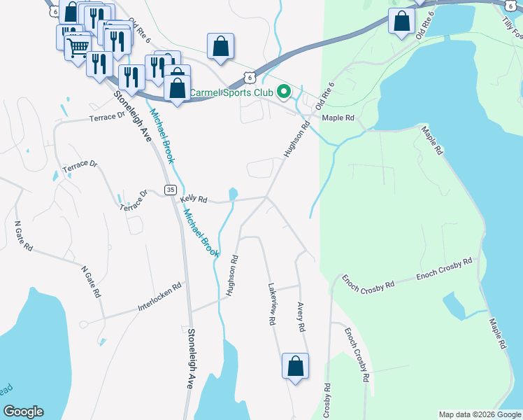 map of restaurants, bars, coffee shops, grocery stores, and more near 50 Kelly Road in Carmel Hamlet