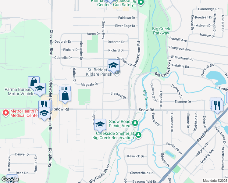 map of restaurants, bars, coffee shops, grocery stores, and more near 10606 Brainard Drive in Parma