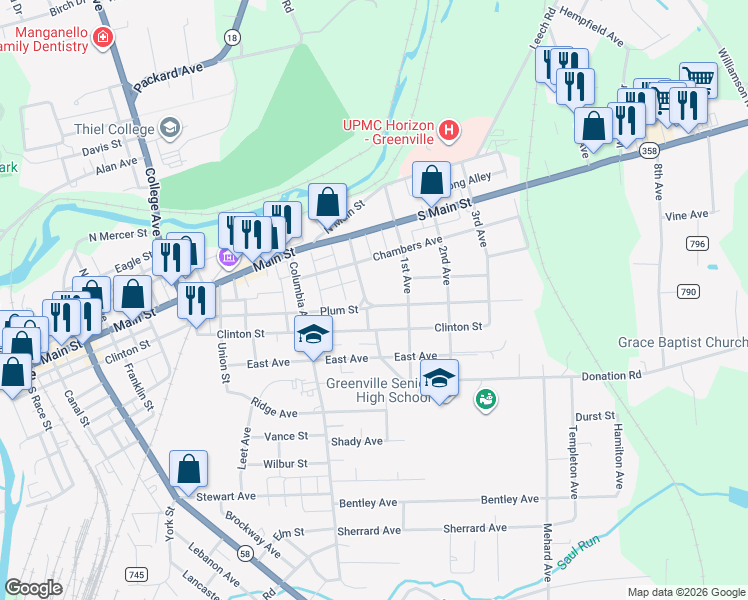 map of restaurants, bars, coffee shops, grocery stores, and more near 2 Rosedale Avenue in Greenville