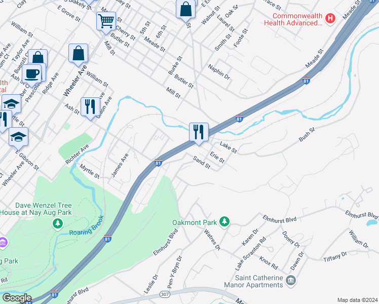 map of restaurants, bars, coffee shops, grocery stores, and more near Interstate 81 in Dunmore