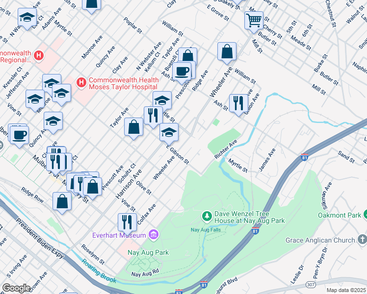 map of restaurants, bars, coffee shops, grocery stores, and more near 837R Wheeler Avenue in Scranton