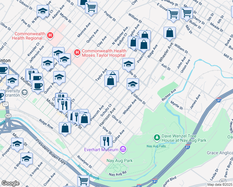 map of restaurants, bars, coffee shops, grocery stores, and more near 727 Prescott Avenue in Scranton