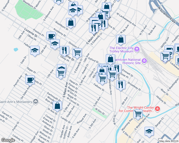 map of restaurants, bars, coffee shops, grocery stores, and more near 918 Luzerne Street in Scranton