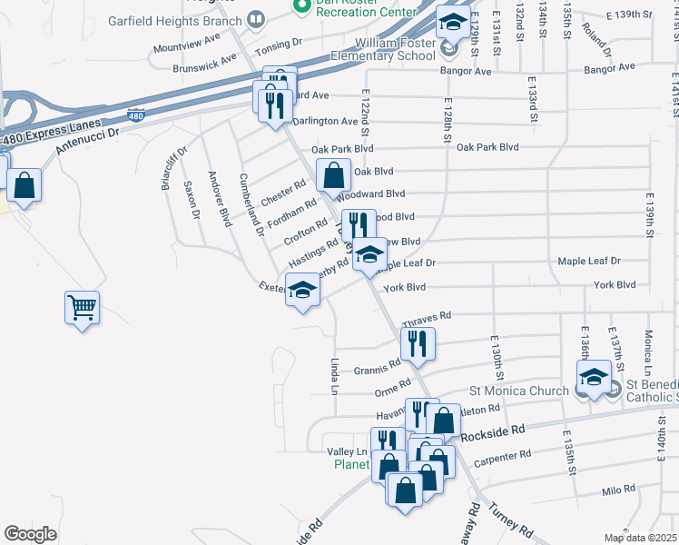 map of restaurants, bars, coffee shops, grocery stores, and more near 12027 Derby Avenue in Garfield Heights