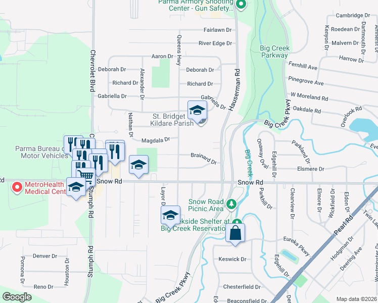 map of restaurants, bars, coffee shops, grocery stores, and more near 10606 Brainard Drive in Cleveland