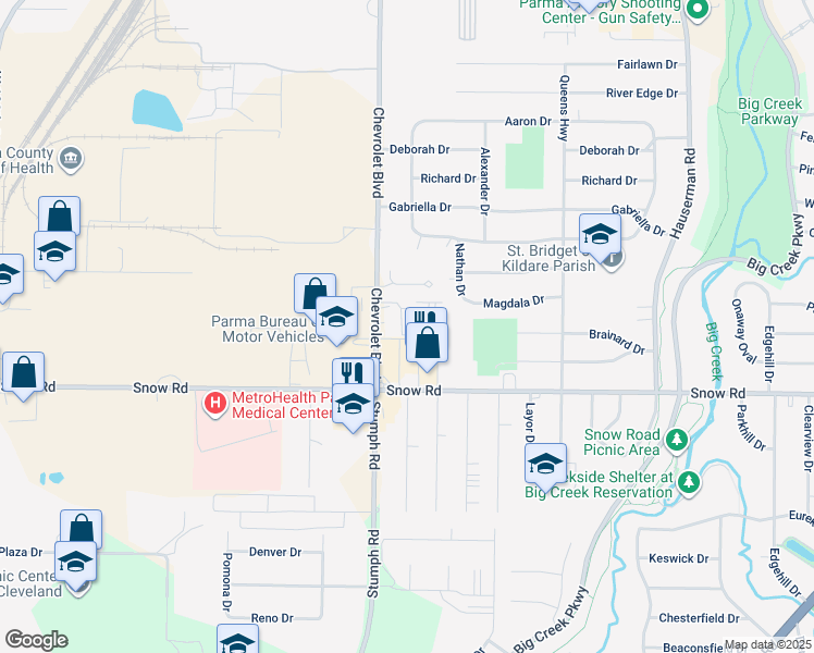 map of restaurants, bars, coffee shops, grocery stores, and more near 5691 Chevrolet Boulevard in Parma