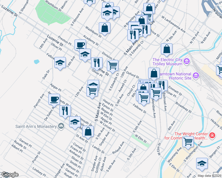 map of restaurants, bars, coffee shops, grocery stores, and more near 401 Edwards Court in Scranton