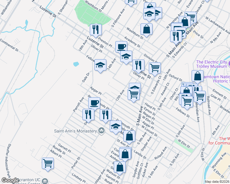 map of restaurants, bars, coffee shops, grocery stores, and more near 1306 Eynon Street in Scranton