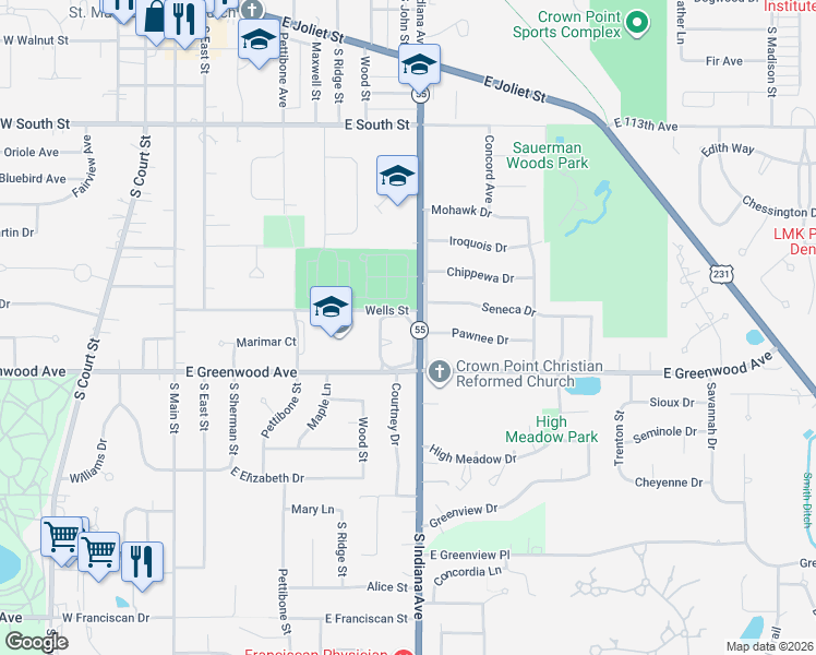 map of restaurants, bars, coffee shops, grocery stores, and more near 301-799 Wells Street in Crown Point
