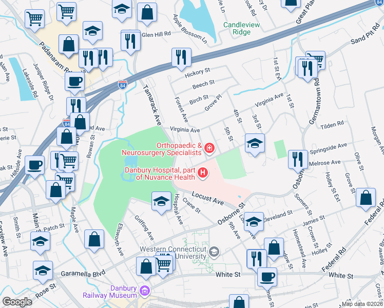 map of restaurants, bars, coffee shops, grocery stores, and more near 3 Moran Avenue in Danbury