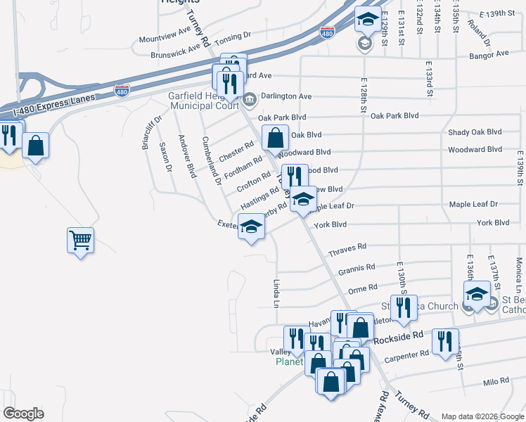 map of restaurants, bars, coffee shops, grocery stores, and more near 11717 Hastings Road in Garfield Heights
