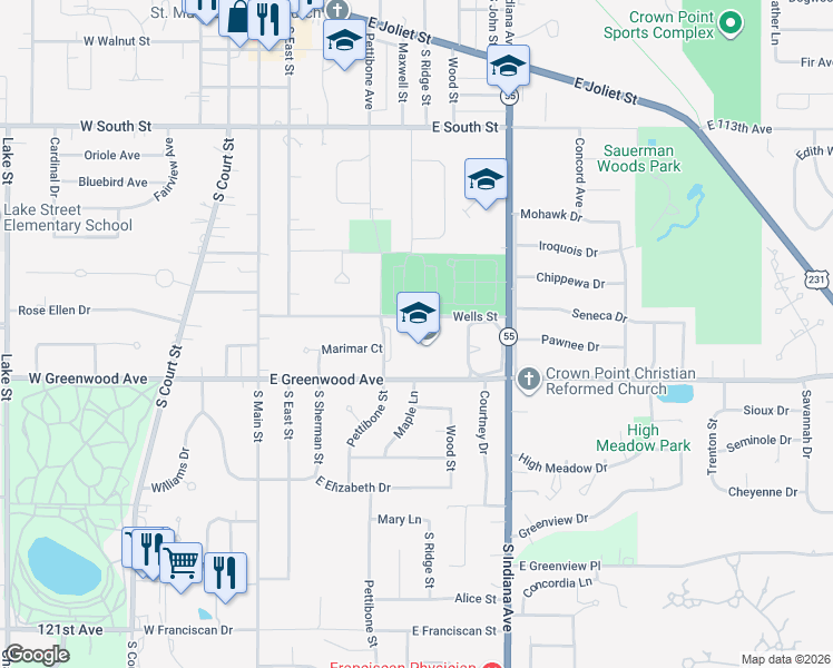 map of restaurants, bars, coffee shops, grocery stores, and more near 601 Pettibone Street in Crown Point