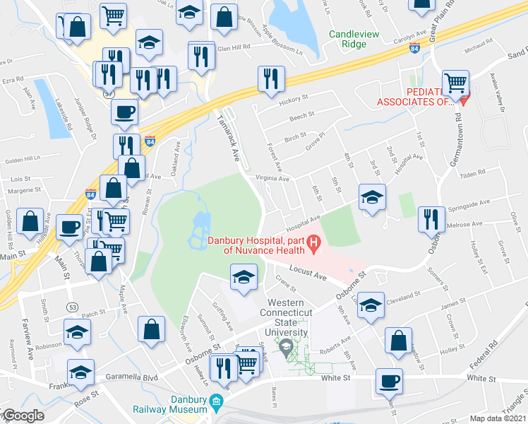 map of restaurants, bars, coffee shops, grocery stores, and more near 7 Dean Street in Danbury