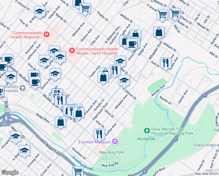 map of restaurants, bars, coffee shops, grocery stores, and more near 718 Prescott Avenue in Scranton