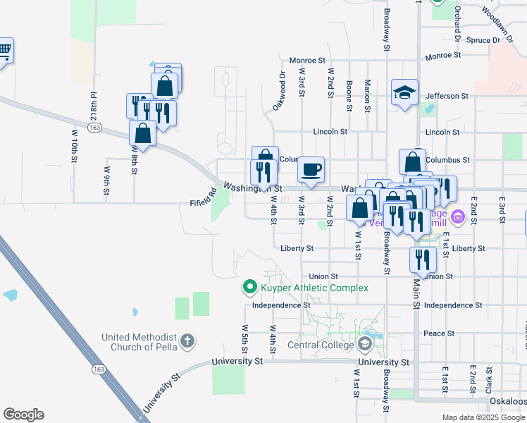 map of restaurants, bars, coffee shops, grocery stores, and more near 808 West 5th Street in Pella